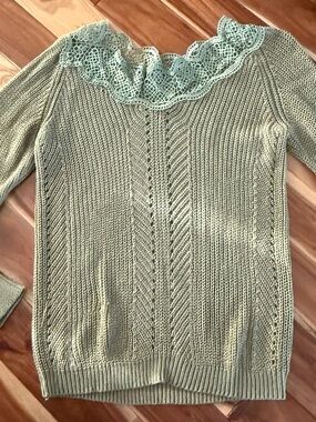 Light Mint Lace-Trim Knit Sweater - Women